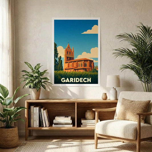 Affiche souvenir de la ville de Garidech avec une illustration stylisée d'un monument historique local.