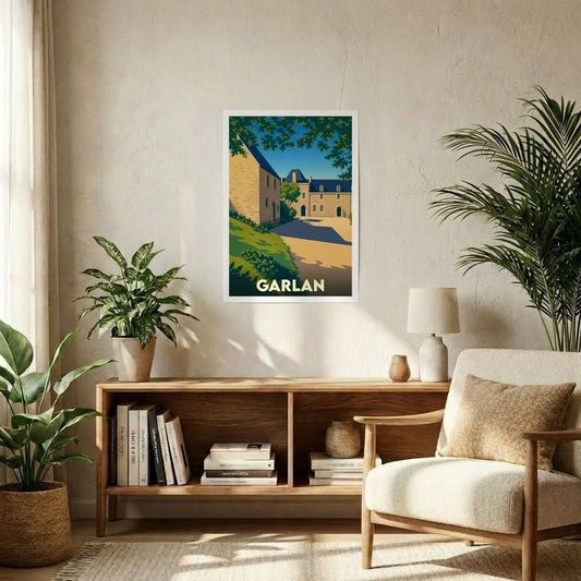 Affiche souvenir de la ville de Garlan avec une illustration stylisée d'un manoir breton sous le soleil.