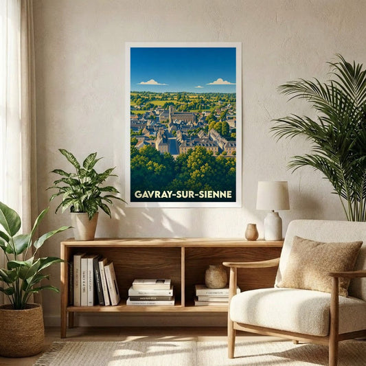 Affiche souvenir de la ville de Gavray-sur-Sienne avec une illustration stylisée de son paysage urbain et verdoyant.