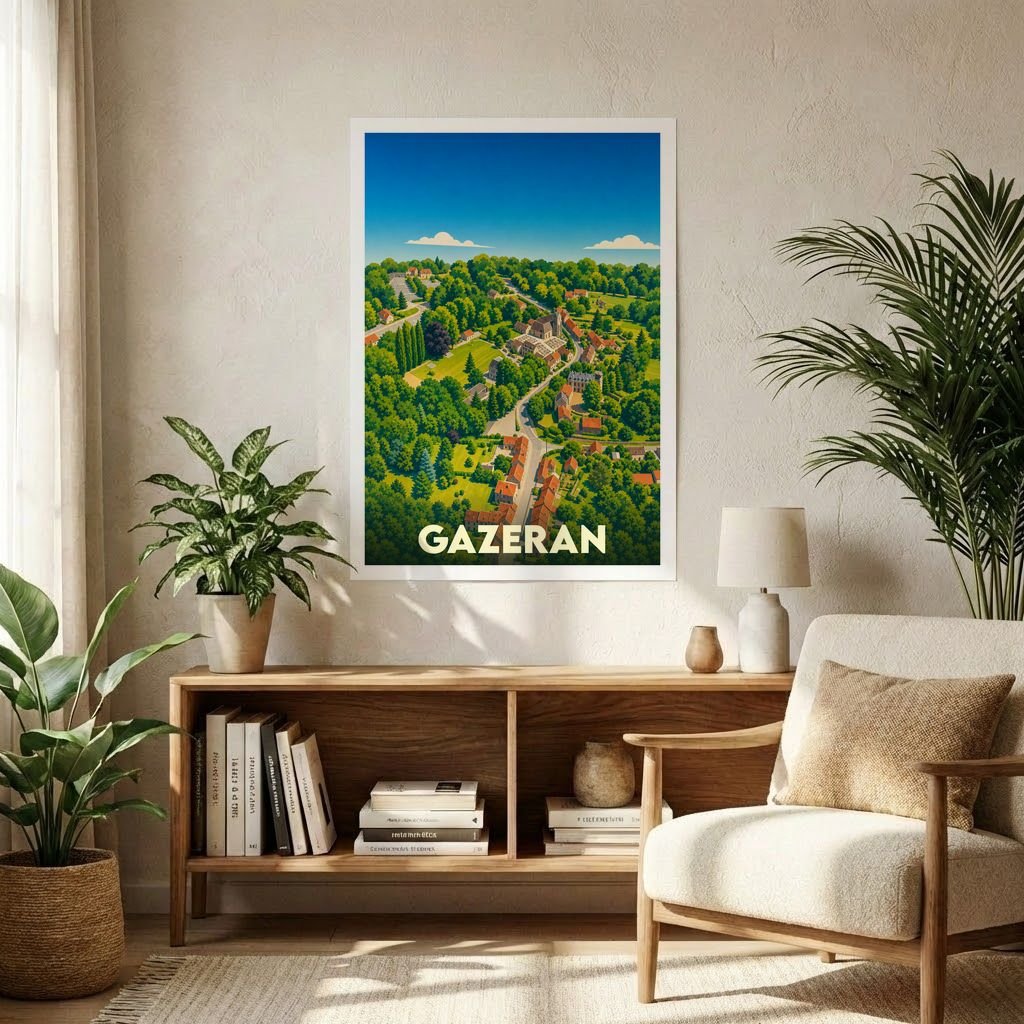 Affiche souvenir de la ville de Gazeran présentant une illustration aérienne et colorée de la commune.