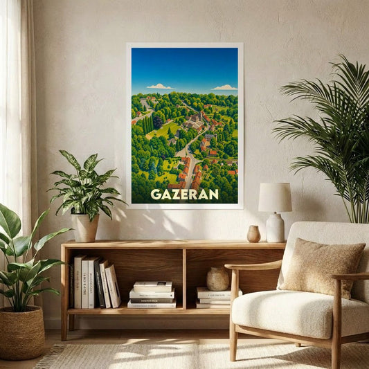 Affiche souvenir de la ville de Gazeran présentant une illustration aérienne et colorée de la commune.