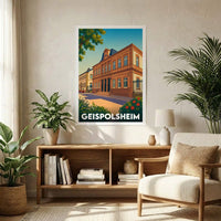 Affiche souvenir de la ville de Geispolsheim avec une illustration stylisée de son architecture.