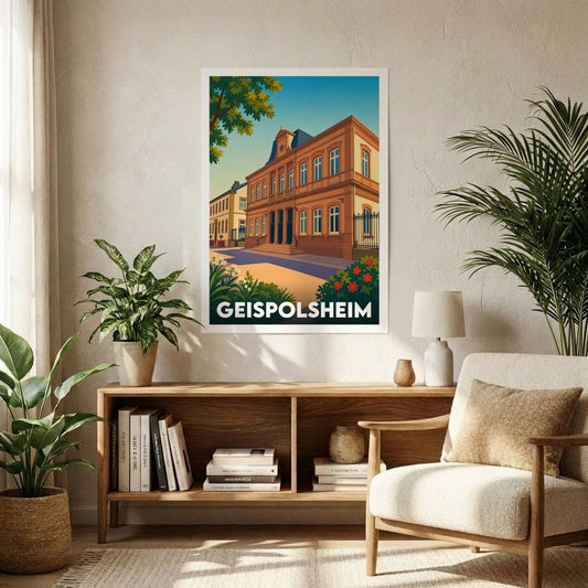 Affiche souvenir de la ville de Geispolsheim avec une illustration stylisée de son architecture.