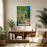 Affiche souvenir de la ville de Gémenos présentant une illustration stylisée et colorée d'une terrasse ensoleillée.