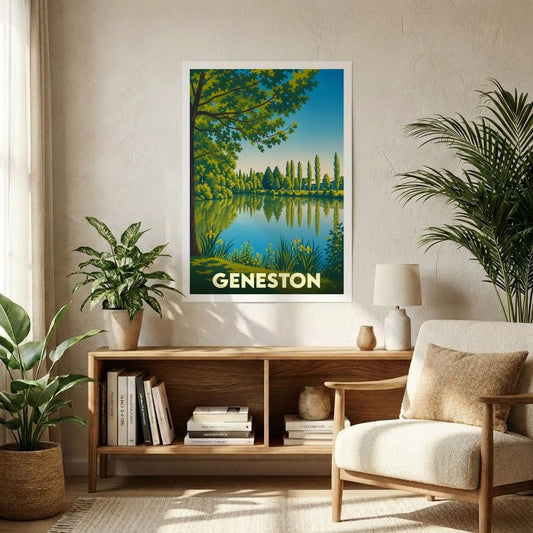 Affiche souvenir de la ville de Geneston représentant une illustration stylisée d'un lac bordé de végétation.