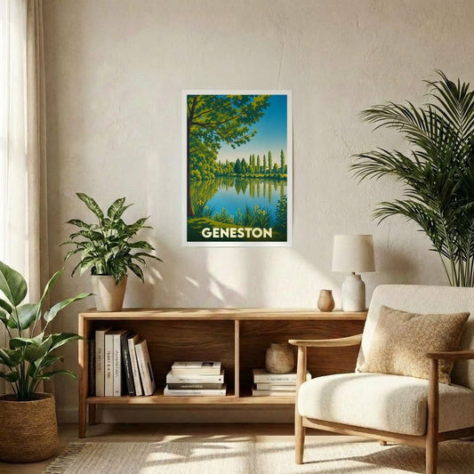 Affiche souvenir de la ville de Geneston représentant un paysage lacustre avec une illustration stylisée.