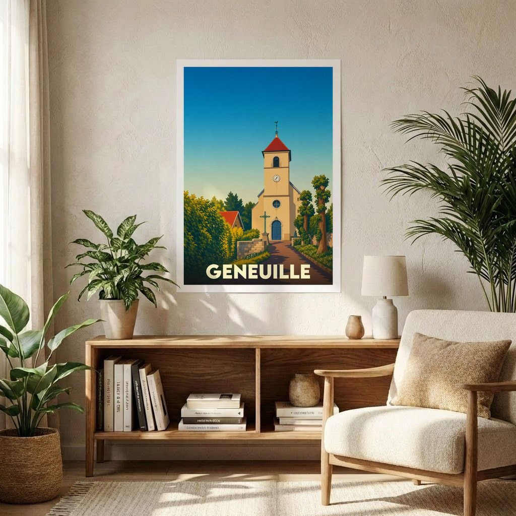 Affiche souvenir de la ville de Geneuille avec une illustration stylisée d'une église sous un ciel bleu.