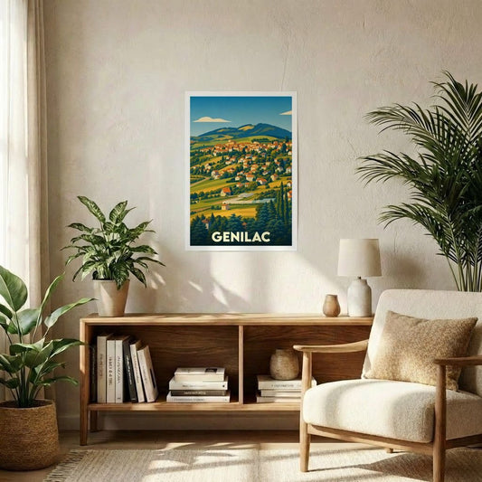 Affiche souvenir de la ville de Genilac présentant une illustration stylisée et colorée de ses paysages vallonnés.