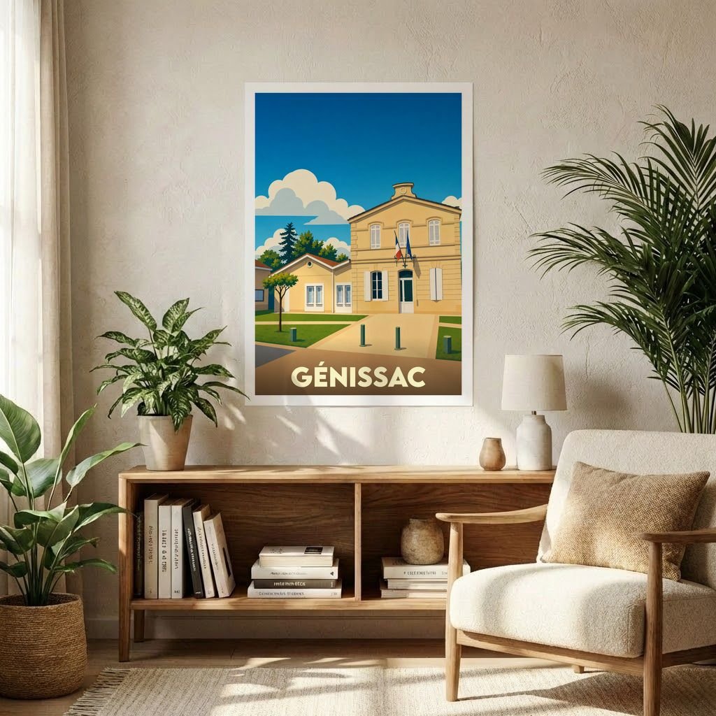 Affiche souvenir de la ville de Génissac avec une illustration stylisée de sa mairie sous un ciel bleu.