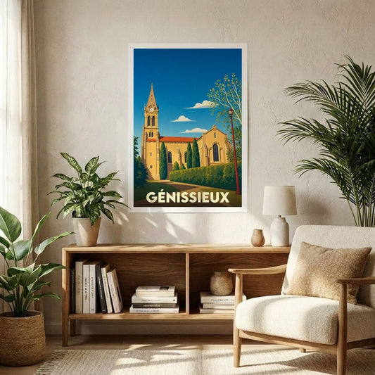 Affiche souvenir de la ville de Génissieux avec une illustration stylisée de son église sous un ciel bleu.