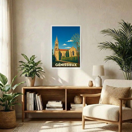 Affiche souvenir de la ville de Génissieux représentant son église dans un style graphique rétro.