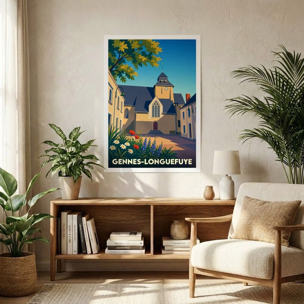 Affiche souvenir de la ville de Gennes-Longuefuye avec une illustration stylisée de son architecture et de son église.