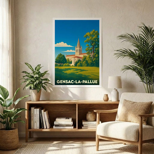 Affiche souvenir de la ville de Gensac-la-Pallue avec une illustration stylisée de son église et de son paysage.