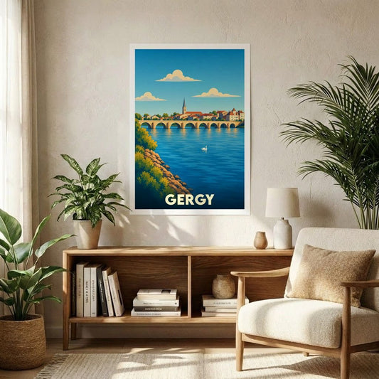Affiche souvenir de la ville de Gergy avec une illustration stylisée représentant un pont sur le fleuve.