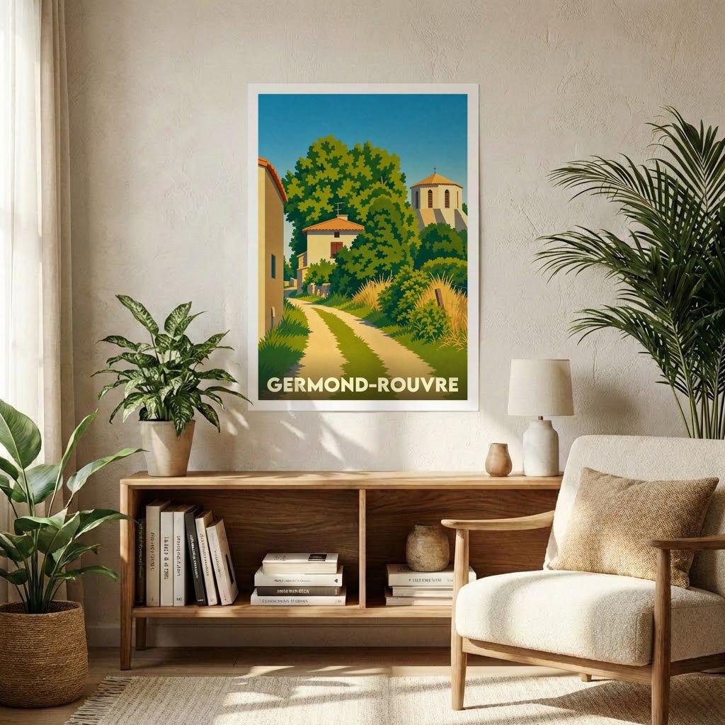 Affiche souvenir de la ville de Germond-Rouvre présentant une illustration stylisée d'un paysage de campagne ensoleillé.