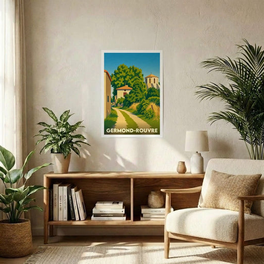 Affiche souvenir de la ville de Germond-Rouvre avec une illustration stylisée de ses paysages verdoyants.