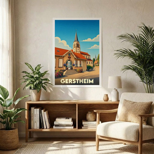 Affiche souvenir de la ville de Gerstheim avec une illustration stylisée montrant son église et ses bâtiments pittoresques sous un ciel bleu.