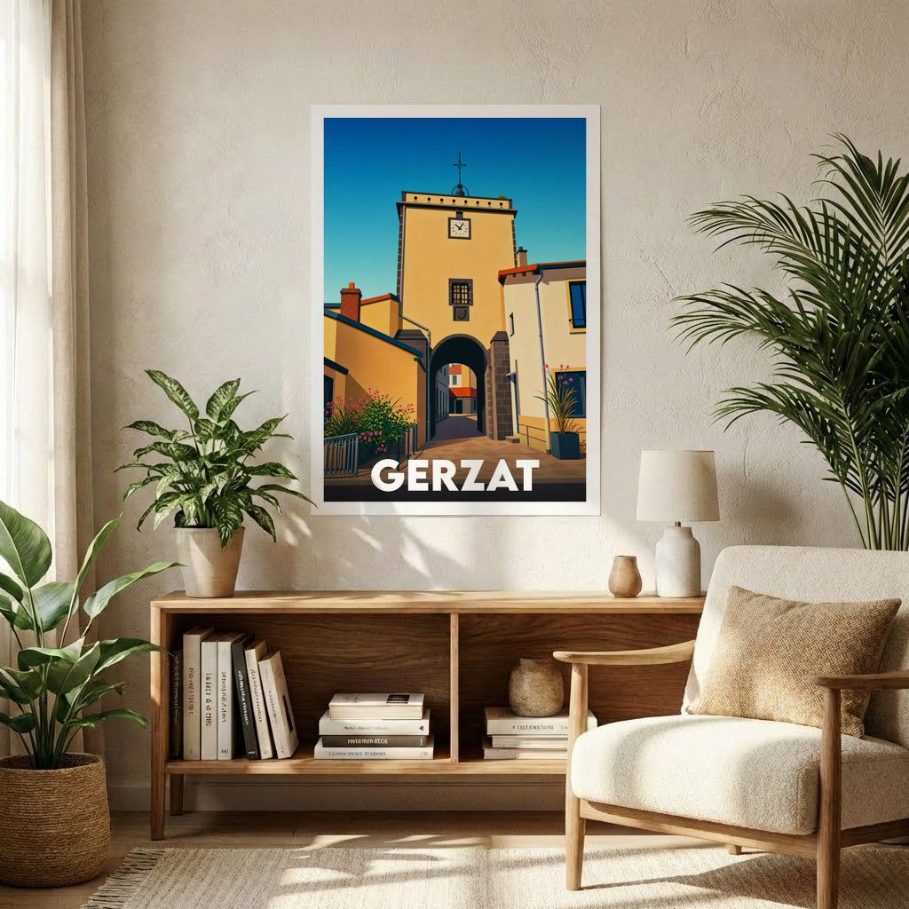 Affiche souvenir de la ville de Gerzat illustrant une arche historique sous un ciel bleu.