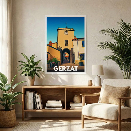 Affiche souvenir de la ville de Gerzat illustrant une arche historique sous un ciel bleu.