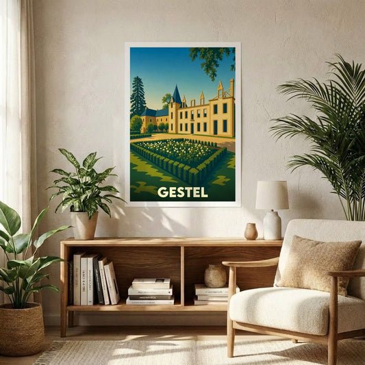Affiche souvenir de la ville de Gestel avec une illustration stylisée d'un château et de ses jardins.