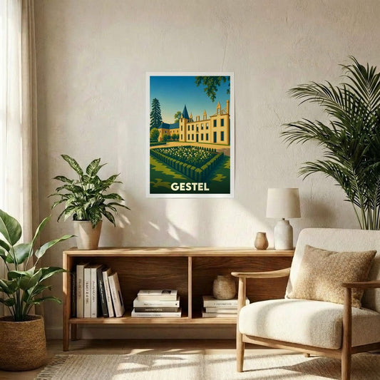 Affiche souvenir de la ville de Gestel avec une illustration stylisée représentant son château et ses jardins.