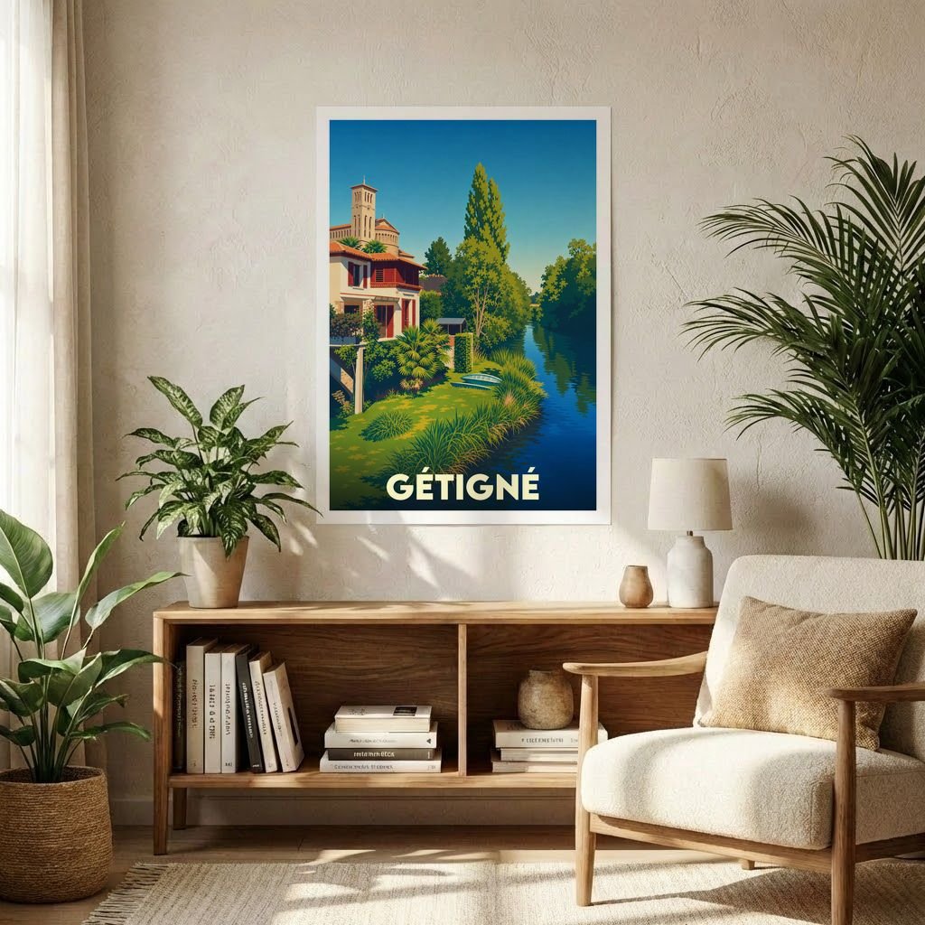 Affiche souvenir de la ville de Gétigné présentant une illustration stylisée d'une villa au bord de l'eau.
