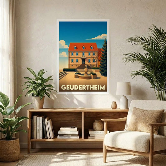 Affiche souvenir de la ville de Geudertheim avec une illustration stylisée d'un bâtiment historique et de sa fontaine.