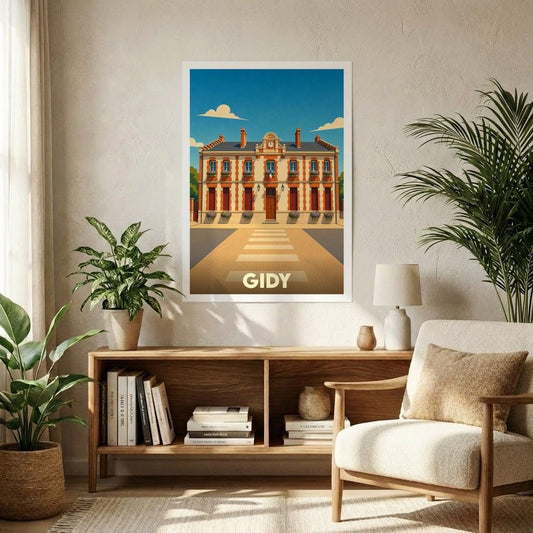 Affiche souvenir de la ville de Gidy avec une illustration stylisée de sa mairie.