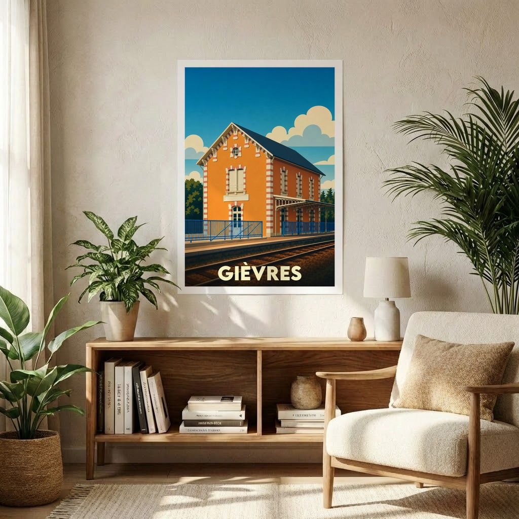 Affiche souvenir de la ville de Gièvres représentant sa gare dans un style graphique rétro.