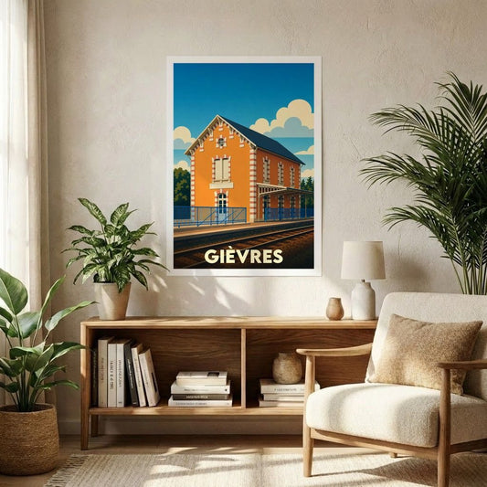 Affiche souvenir de la ville de Gièvres représentant sa gare dans un style graphique rétro.