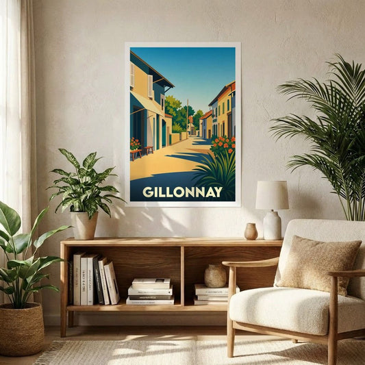 Affiche souvenir de la ville de Gillonnay illustrant une rue ensoleillée dans un style graphique épuré.