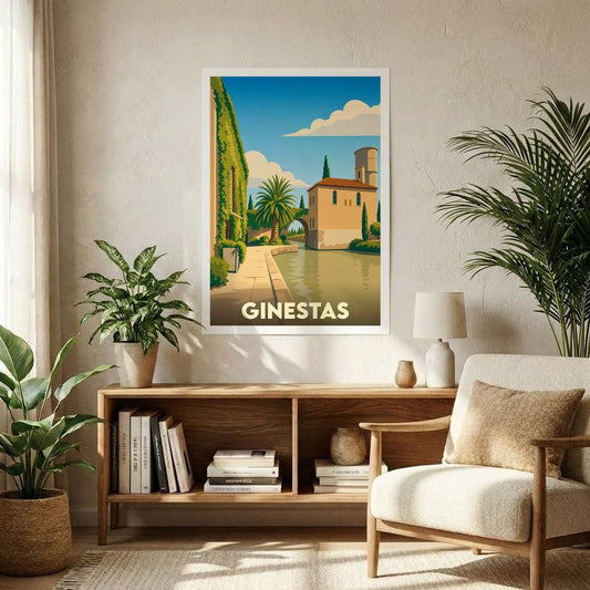 Affiche souvenir de la ville de Ginestas avec une illustration stylisée et colorée.