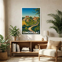 Affiche souvenir de la ville de Ginouillac avec une illustration stylisée.