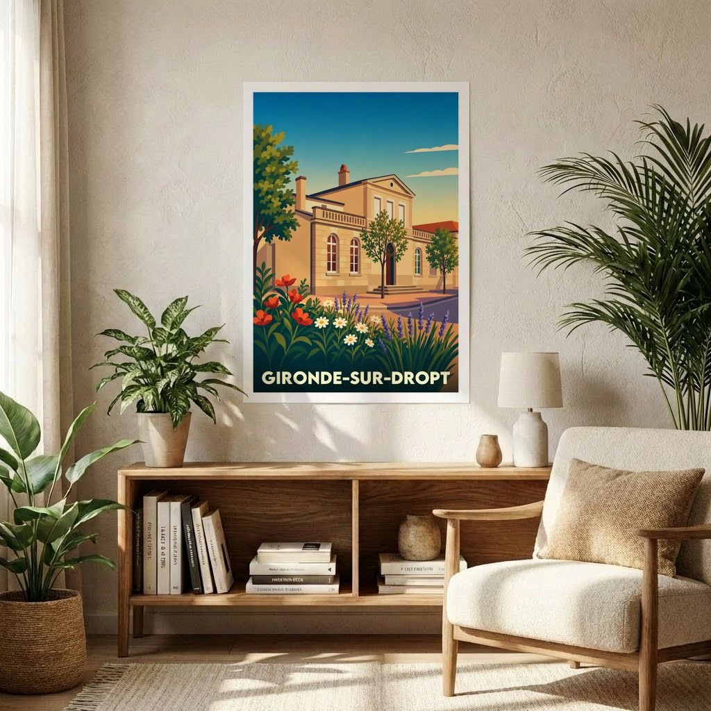 Affiche souvenir de la ville de Gironde-sur-Dropt avec une illustration stylisée d'un bâtiment historique et de fleurs colorées.