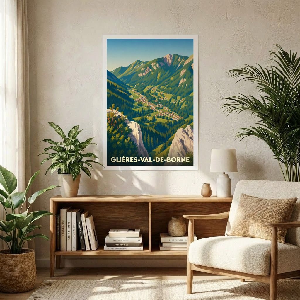 Affiche souvenir de la ville de Glières-Val-de-Borne avec une illustration stylisée de sa vallée montagneuse.