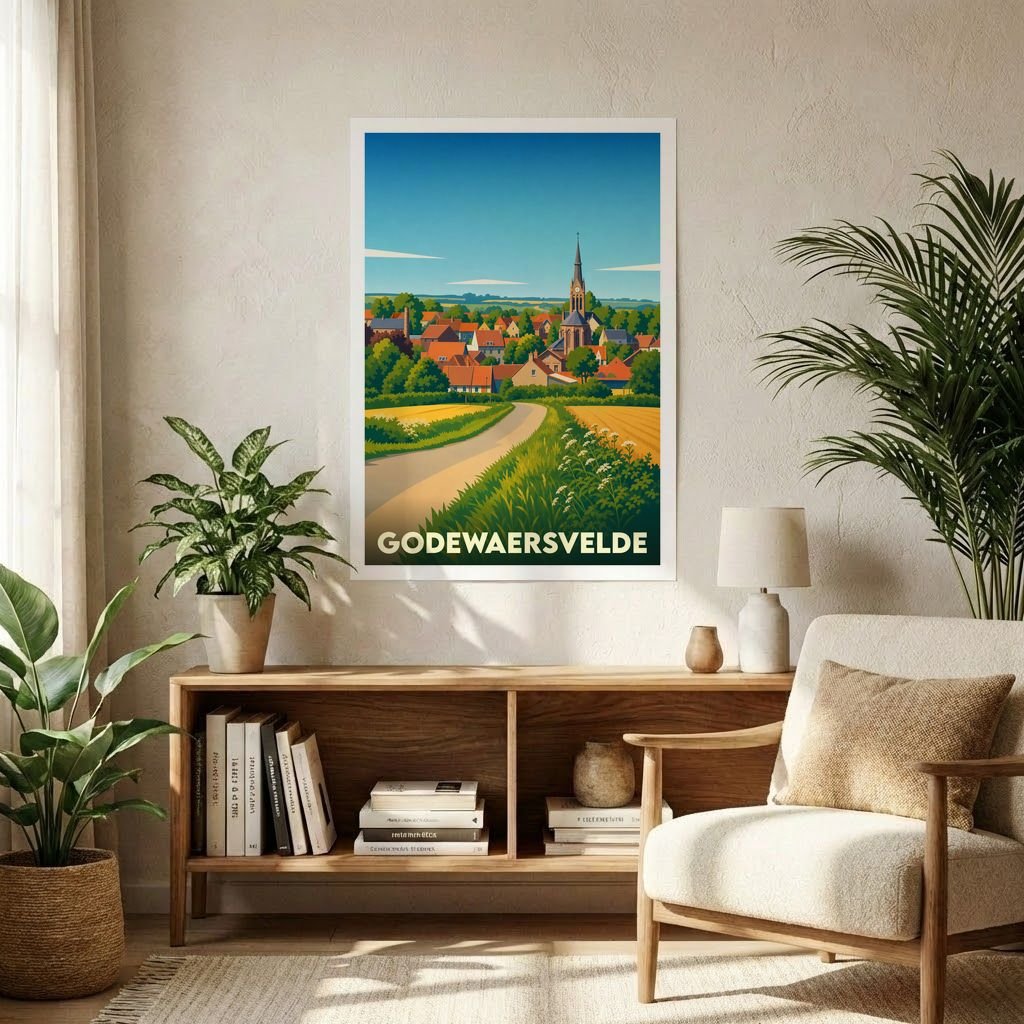 Affiche souvenir de la ville de Godewaersvelde avec une illustration stylisée de son paysage et de son église.