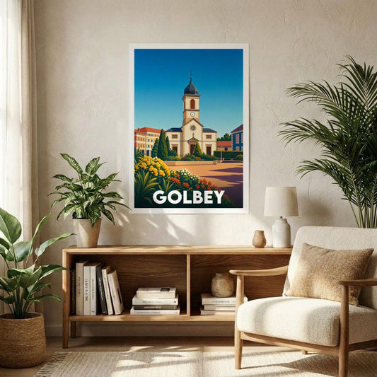 Affiche souvenir de la ville de Golbey avec une illustration stylisée de son église et de ses fleurs colorées.