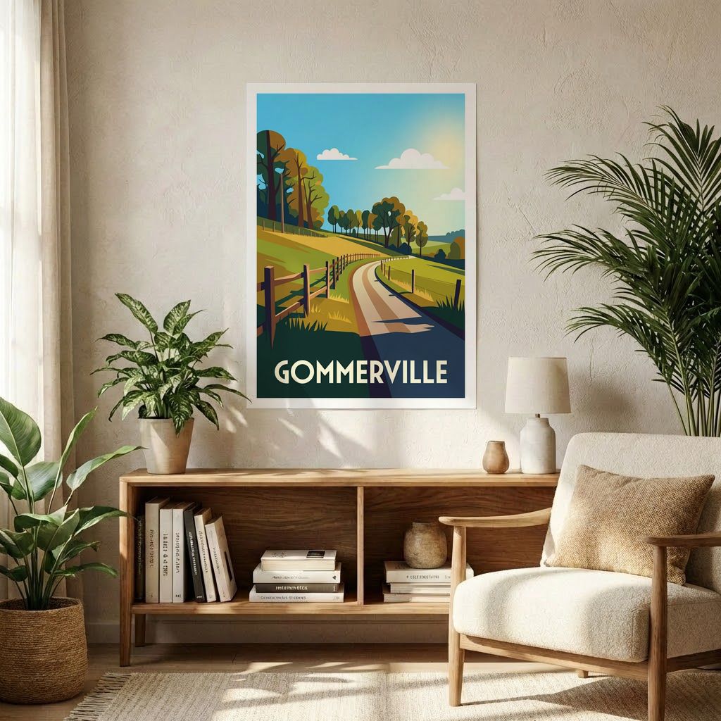 Affiche souvenir de la ville de Gommerville avec une illustration de paysage rural stylisée.