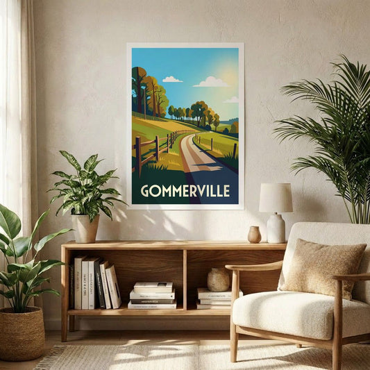 Affiche souvenir de la ville de Gommerville avec une illustration de paysage rural stylisée.