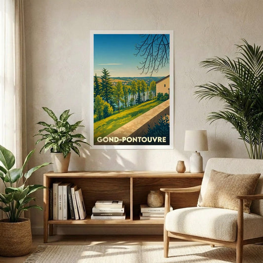 Affiche souvenir de la ville de Gond-Pontouvre avec une illustration paysagère stylisée.
