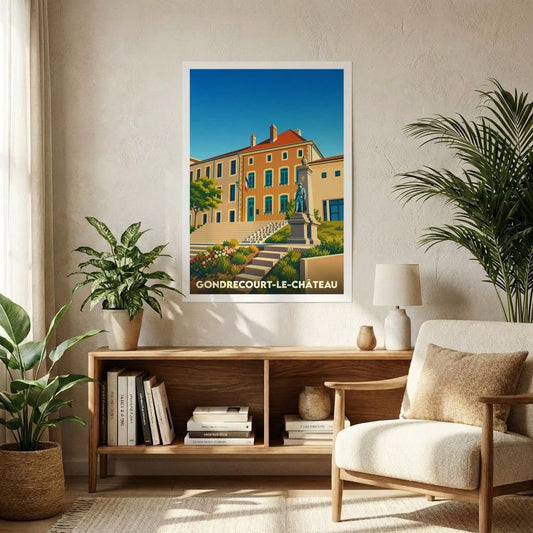 Affiche souvenir de la ville de Gondrecourt-le-Château avec une illustration stylisée et colorée de son patrimoine.