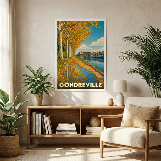 Affiche souvenir de la ville de Gondreville avec une illustration stylisée d'un canal en automne.