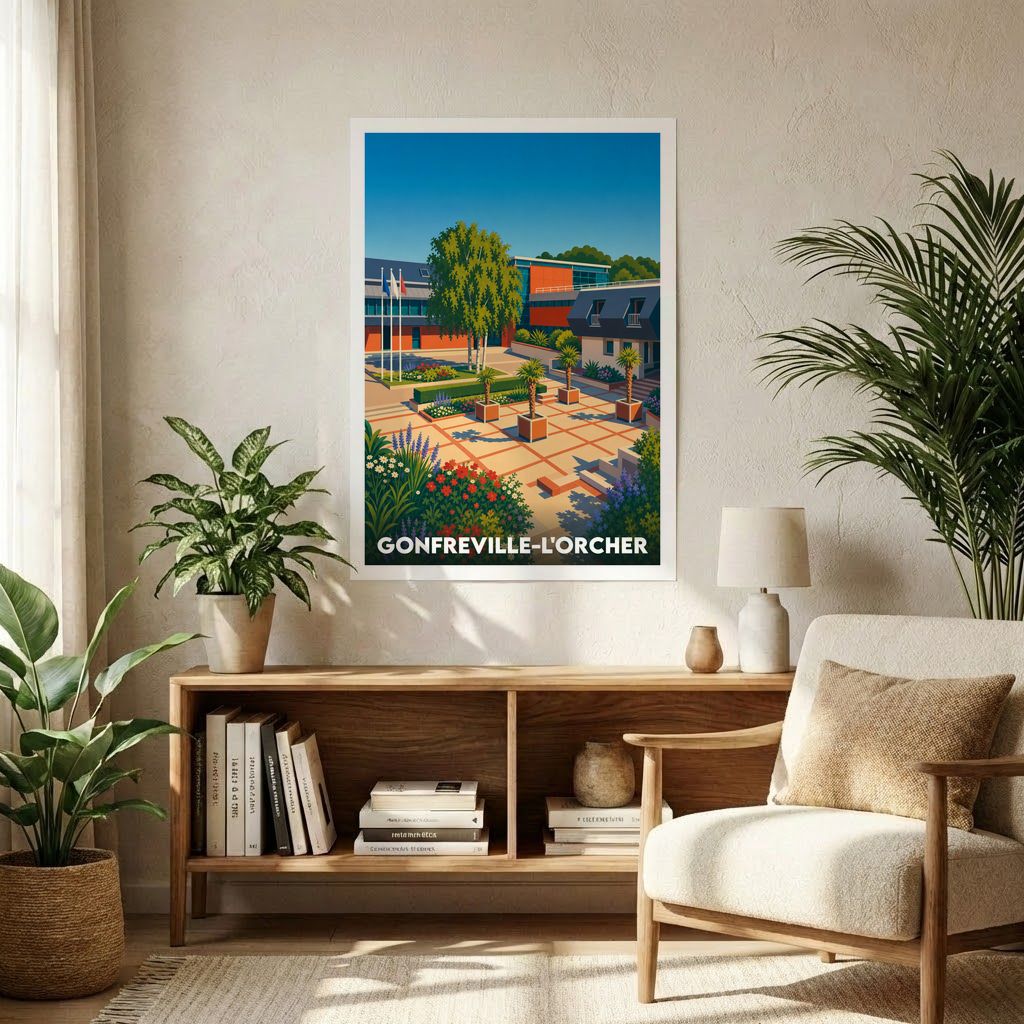 Affiche souvenir de la ville de Gonfreville-l'Orcher avec une illustration stylisée et colorée de son paysage urbain.
