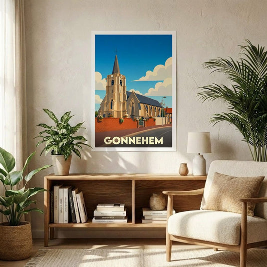 Affiche souvenir de la ville de Gonnehem avec une illustration stylisée de son église sous un ciel bleu.