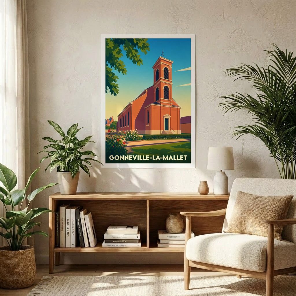 Affiche souvenir de la ville de Gonneville-la-Mallet avec une illustration stylisée de son église sous un ciel de fin de journée.