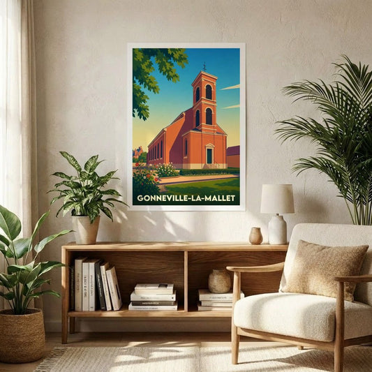 Affiche souvenir de la ville de Gonneville-la-Mallet avec une illustration stylisée de son église sous un ciel de fin de journée.