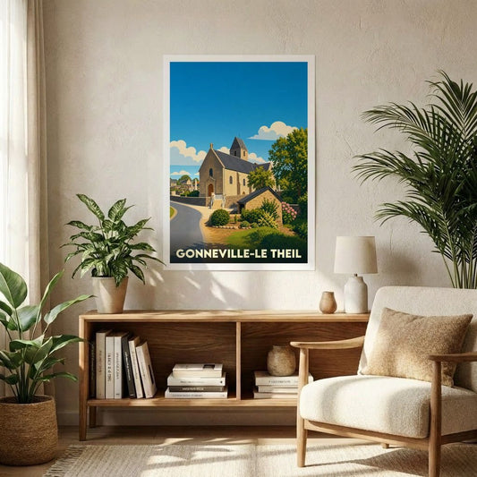 Affiche souvenir de la ville de Gonneville-Le Theil avec une illustration stylisée de son église.