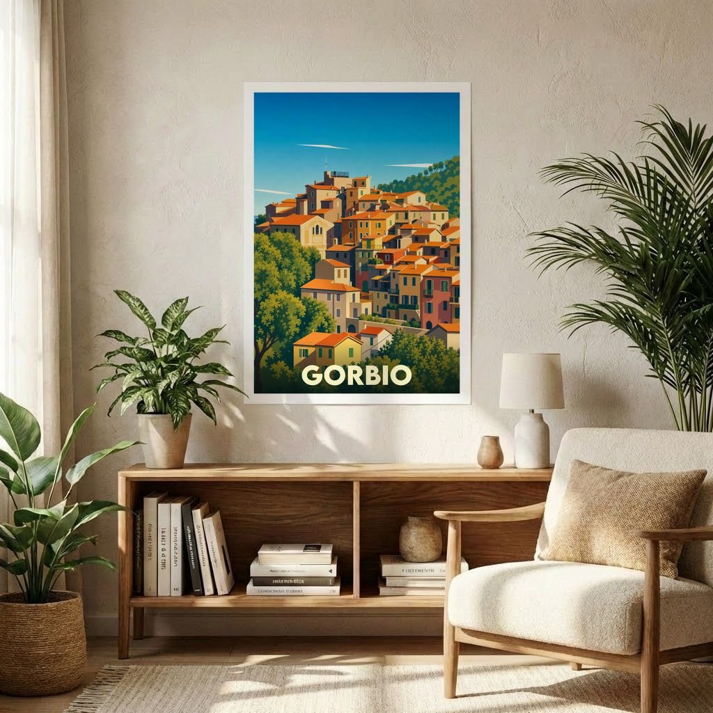 Affiche souvenir de la ville de Gorbio avec une illustration stylisée et colorée.