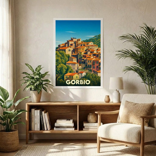 Affiche souvenir de la ville de Gorbio avec une illustration stylisée et colorée.