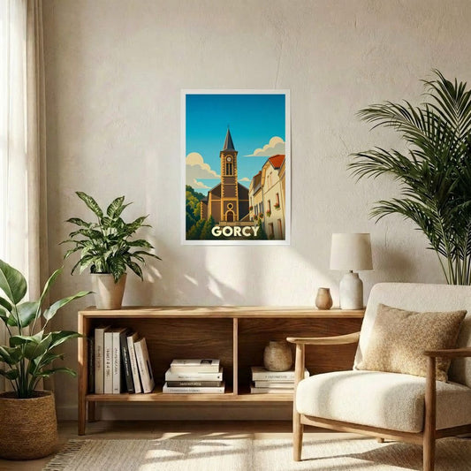 Affiche souvenir de la ville de Gorcy avec une illustration stylisée d'une église sous un ciel bleu.